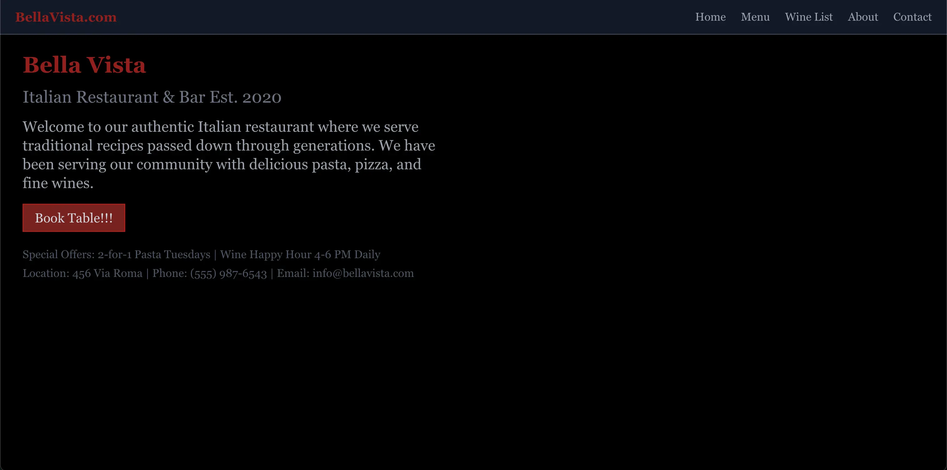 Bad restaurant homepage example
